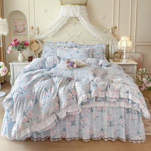 Parure de lit matelassée florale vert clair 4 pièces avec <span class=keywords><strong>jupe</strong></span> de lit et housse de couette à volants en dentelle, en coton doux, tailles King et Queen - Product Image 5