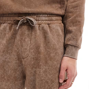 Vintage Faded Light <b>Brown</b> Tracksuit Plain Textured Wash Pullover Hoodie Ribbed Cuff Pants Set Oversized Streetwear - Product Image 6