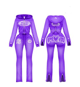 Conjunto de Sudadera con Capucha y Pantalones de Felpa Francesa con Cremallera, Estilo Vintage, Lavado Ácido, Personalizable, de Dos Piezas para Mujer - Product Image 2