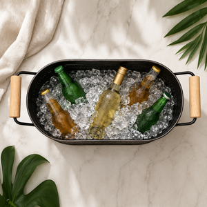 Matte Black Ribbed Oval Galvanized Steel Beverage Tub With Wooden Grips Handles Ribbed Wine <b>Cooler</b> For Party Tableware - Product Image 4