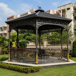 Gazebo Metálico Negro Dorado para Exteriores, Pabellón Ornamentado para Jardín con Barandilla Decorativa y Techo para Patio y Césped - Product Image 2