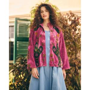 <b>Womens</b> Magenta Knitted <b>Embroidered</b> Quilted Thick Eco-Friendly <b>Jacket</b> Mandarin Collar Long Sleeve Floral Prairie Chic Autumn - Product Image 4