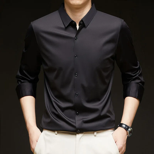 Chemise noire pour homme à manches longues, boutonnée, élégante, décontractée, pour le bureau, extensible, coupe ajustée, vente en gros, personnalisable, OEM - Product Image 1