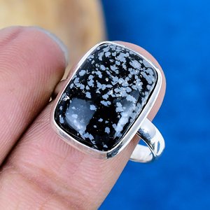 Natural Snowflake Obsidian <b>Cushion</b> Shape Gemstone <b>Ring</b> , 925 Sterling Silver <b>Ring</b> - Product Image 3