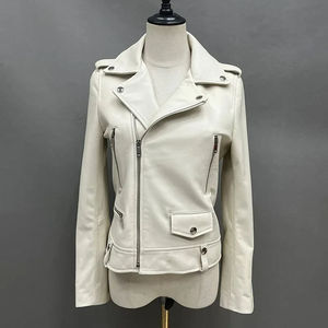 <b>Pink</b> PU Leather Moto <b>Jacket</b> Women's Autumn Stand Collar Full Sleeve Zipper Closure Solid Color Woven Pattern - Product Image 5