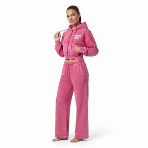 Conjunto de dos piezas para mujer: Top corto con capucha de algodón rosa y forro polar con cremallera y pantalones jogger de pierna ancha, corte regular, hombros caídos, estilo casual. - Product Image 2