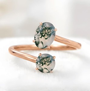 Bague de fiançailles en agate mousse naturelle à deux pierres, plaquée or rose 18 carats, style manchette ouverte, prix d'usine, vente en gros - Product Image 1