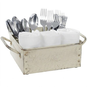 Porta Utensilios Rústico de Metal Galvanizado con 4 Compartimentos, Color Gris Antiguo, para Cubiertos, con Asa de Madera - Product Image 2