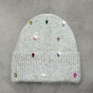 Gorro de Punto con Pedrería Blanca para Mujer, Gorro de Invierno Acrílico con Puño, Brillante y Bonito - Product Image 3