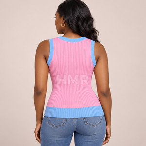 HMR Sorority Sisterhood Pink Blue Contrast Knitted Sleeveless O-Neck Tank Top Casual Solid Spliced Design Regular - Product Image 4