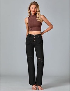 Jean Bootcut en Denim Noir Coton Effet Sculptant Coupe Droite Taille Mi-Haute Longueur Genou Style Vintage Lavable - Product Image 5