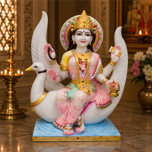 Premium Marble Brahmani Maa Statue | Handcrafted White Marble Brahmani Devi Murti on Swan | MALIYAS Jaipur - Product Image 1