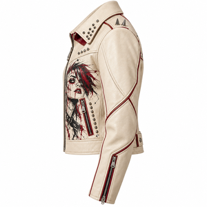 Beige Burgundy Trim <b>Women</b> Genuine Leather Biker Jacket Custom Graphic Printed Spike Stud Collar Outerwear OEM Factory Supplier - Product Image 4