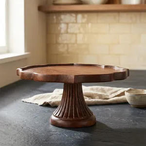 Eco Friendly Acacia Wood Cake Pedestal <b>Stand</b> Rustic Scalloped <b>Wooden</b> Dessert Server <b>Cupcake</b> Display <b>Stand</b> for Parties Weddings - Product Image 2