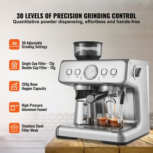 Macchina per Espresso Semi-Automatica 15 Bar con Macinacaffè, Montalatte Manuale, Tubo Vapore e Serbatoio Acqua Rimovibile, Tipi di Spina US e AU - Product Image 2