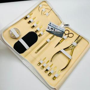Kit d'outils pour extensions de cheveux en microperles plaquées or avec pinces à extensions, outil à boucle incurvée et ciseaux, logo personnalisé - Product Image 4