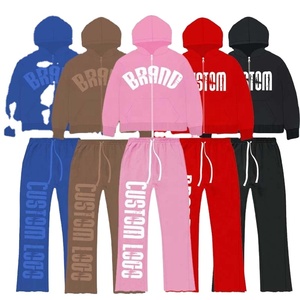 Último diseño chándal personalizado 500 GSM peso pesado puff estampado sudadera distress Flare pantalones de chándal y Sudadera con capucha conjuntos hombres chándal - Product Image 4