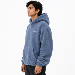 Custom Unisex Dusty Blue <b>Sherpa</b> <b>Fleece</b> Hoodie Oversized Warm Winter Pullover OEM Private Label Manufacturer - Product Image 2