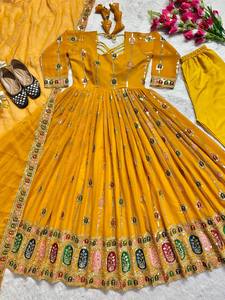 Robe longue Anarkali de Style indien traditionnel avec créateur de broderie Georgette Dupatta manches longues pour femmes taille naturelle - Product Image 2