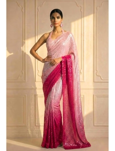 Sari en rayonne rose ombré orné de broderies KV International avec blouse non cousue pour femme - Tenue de soirée, sans plis et séchage rapide - Product Image 1