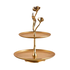 Support à gâteau en métal doré à deux niveaux avec motif floral, plateau de service fait main pour la présentation de desserts, décoration intérieure - Product Image 1