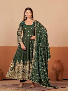 Conjunto de Vestido de Seda con Brillo Intenso y Bordado, con Lentejuelas y Cordones, Dupatta y Pantalón, Estilo Tradicional, Protección Solar, Secado Rápido, Holgado - Product Image 1