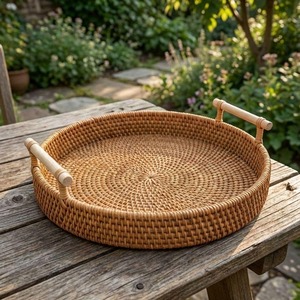 Plateau de service élégant en rotin rond avec poignées en bambou, parfait pour la mise en scène de table, l'accueil des invités et l'arrangement des repas, provenant d'Inde. - Product Image 4
