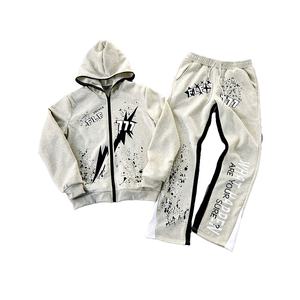 Fabricant de vêtements 100% coton Streetwear vintage lourd pantalon de survêtement évasé et ensemble de sweat à capuche zippé pour hommes - Product Image 1