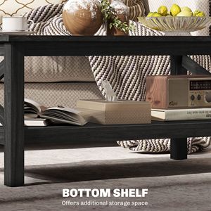 Tavolino da salotto nero con struttura in legno e piano in vetro temperato sotto il ripiano di stoccaggio - Product Image 6