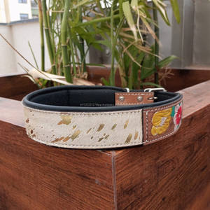 100% Natural Hair on Metallic Cowhide Branded Dog Collar Hand Tooled Western <b>Padded</b> Collar Engraved Genuine Leather Pet Collar - Product Image 3