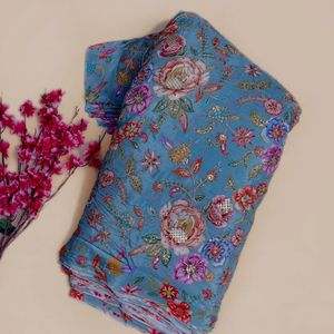 Superbe tissu en crêpe naturel bleu ardoise avec broderie florale et détails scintillants, idéal pour les mariages ethniques indiens ou les occasions spéciales - Product Image 2
