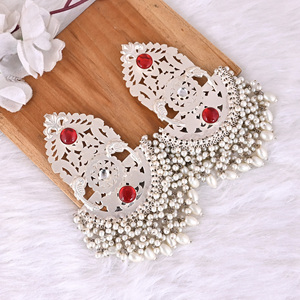 <b>Red</b> Hydro & Pearl & Kundan Stone Ethnic <b>Earrings</b> | Silver Plated Brass Traditional Indian Jewelry - Product Image 2