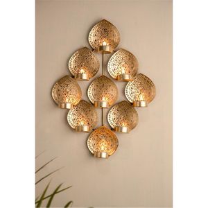Wholesale Luxury Metal Wall Hanging Tea Light Holder Gold <b>Leaf</b> Shape Candlestick for Wedding Ramadan Home Decor Tea Light Holder - Product Image 1
