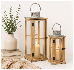 Set of 2 <b>Large</b> Farmhouse Wooden <b>Lanterns</b> Rustic Decorative Floor Candle Holders with Metal Handle for Indoor Outdoor Wedding - Product Image 5