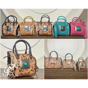 Unisex Luxury Custom Hand <b>Tooled</b> <b>Leather</b> With Turquoise Concho Mini Speedy Bag Hot Selling Genuine Cow <b>Leather</b> Fashion Duffle - Product Image 1