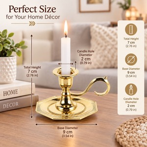 Gold Brass Chamberstick <b>Candle</b> Holder Handled Taper Stand Vintage Octagon <b>Dish</b> Base Candleholder Home Table Wedding Christmas - Product Image 3