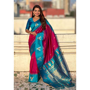 Sari en soie douce rose foncé tissé Zari de la marque Elite Weaves avec foulard et châle traditionnels de style indien du Sud à contraste Tilak - Product Image 5