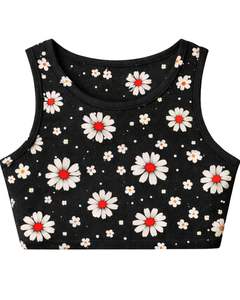 Conjunto de dos piezas para mujer: Top corto acanalado y shorts con cordón, negro con estampado floral de margaritas en el centro en rojo, estilo casual para estar en casa. - Product Image 2