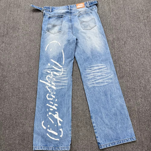 Jean en coton de haute qualité pour homme, nouveau modèle du fabricant, coupe droite déchirée, avec boutons décoratifs, style délavé et patchwork, jambe large - Product Image 4
