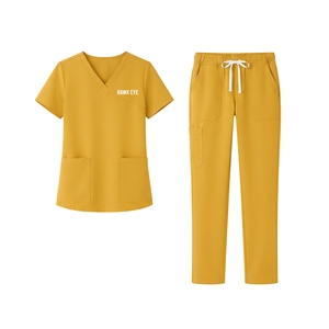 Ensemble de blouses et pantalons jaunes pour femmes Hawk Eye, col en V, uniformes d'hôpital, coton et polyester tissé extensible - Product Image 1