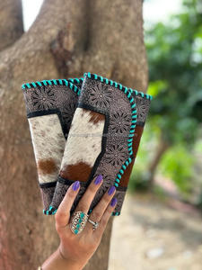 Cartera de cuero con cordones turquesa para mujer, Cartera de cuero genuino de piel de vaca a mano, Cartera de cuero occidental para tarjetas de crédito - Product Image 5