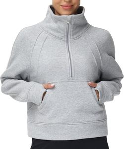 Women's' Half <b>Zip</b> Pullover Fleece Stand Collar <b>Crop</b> Sweatshirt with Pockets Thumb Hole Unlined Polyester/Cotton Blend Knitted - Product Image 1