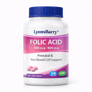 Cápsulas de Ácido Fólico 400 mcg / 800 mcg, Antioxidante Prenatal, Apoyo a las Células Rojas del Sangre, Marca Privada OEM, GMP LyonsBarry, 100 Cápsulas - Product Image 1