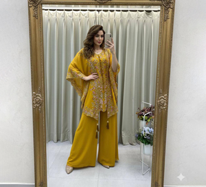 Salwar Kameez Amarillo Mostaza de Georgette Sintético Bordado, Corte Moderno Regular, para Mujer, Ropa Casual de Invierno para Fiesta, Secado Rápido - Product Image 1