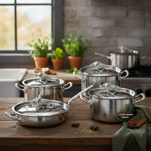 High-end Heavy Duty Hammered Stainless Steel Cookware Set Decorative Grape Lids 4-Piece Professional Stockpot & <b>Frying</b> <b>Pan</b> Set - Product Image 3