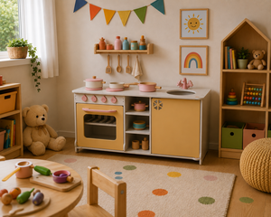 Jouet de cuisine en bois pour enfants, fabriqué en pin américain durable, bords arrondis sécurisés, robuste et coloré, adapté aux enfants de 2 à 7 ans. - Product Image 4