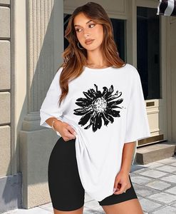T-shirt décontracté pour femme, blanc, col rond, manches courtes, coupe ample, en jersey de coton, imprimé floral, printemps-été - Product Image 2