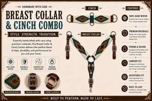 EQUIPRO Horse Girth Breast Collar Set <b>Wool</b> & Leather Woven Geometric Pattern Concho Buckles Green <b>Brown</b> Customise Model - Product Image 2