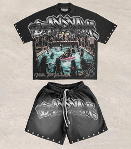 Conjunto de Dos Piezas de Camiseta y Pantalones Cortos Vintage Personalizados, Chándal con Estampado de Serigrafía y Lavado Ácido para Hombre - Product Image 1