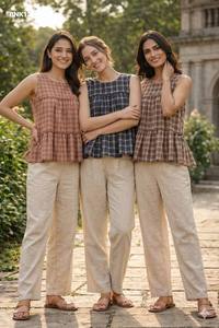 Collection de pantalons à poches et hauts sans manches en lin et coton à imprimé moderne, fournisseur de Surat pour la mode féminine - Product Image 6